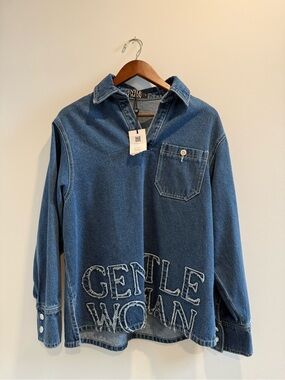 Denim Shirt Jacket with 'GENTLE WOMAN' Embroidery - Blue
